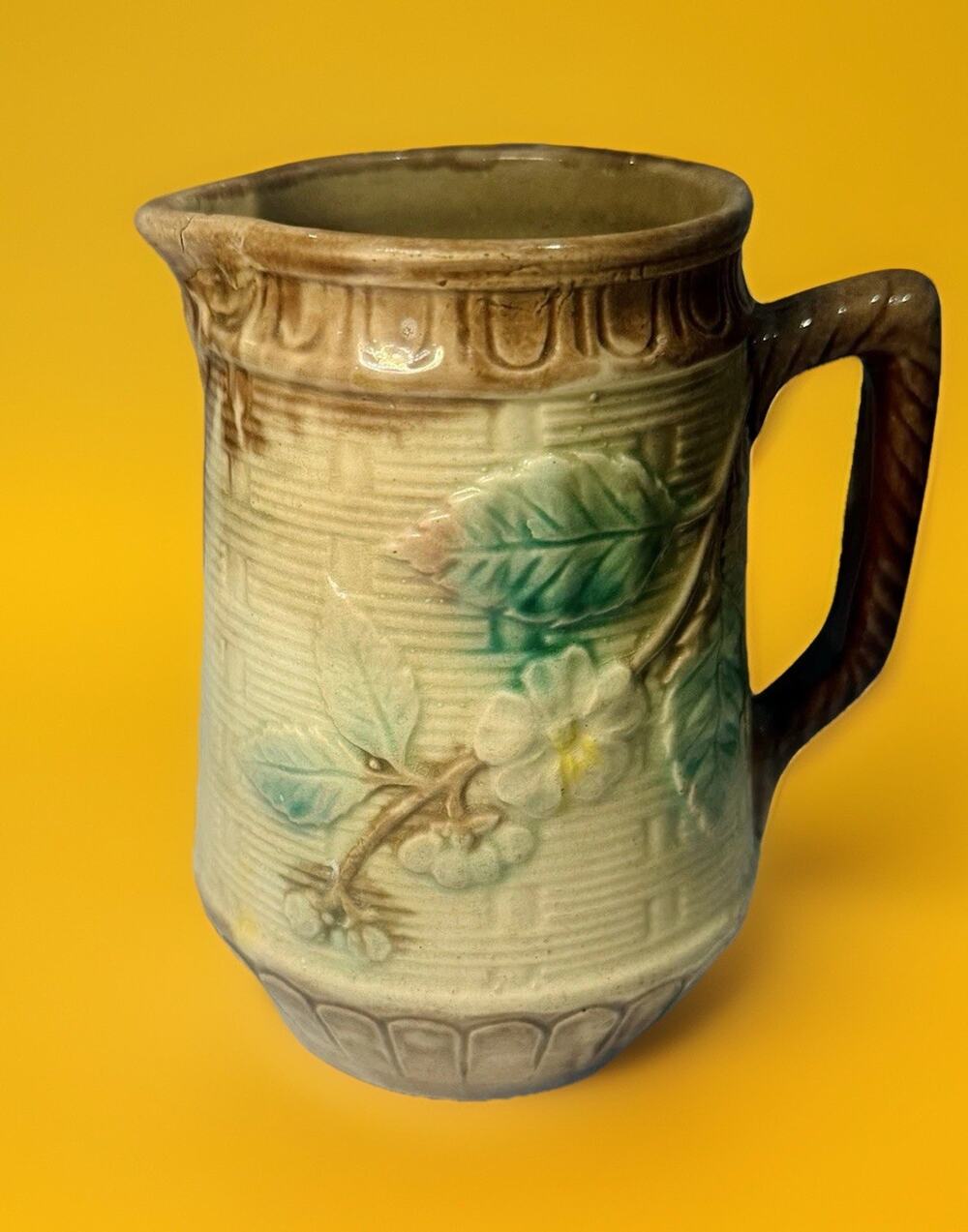 Antique 19th C. Majolica Art Nouveau Pottery Creamer Pitcher Flowers Leaves